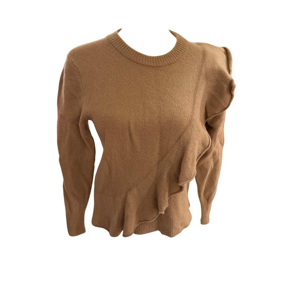 J.Crew Womens 100% Merino Wool Asymmetrical Ruffle Sweater Brown Tan L RN77388